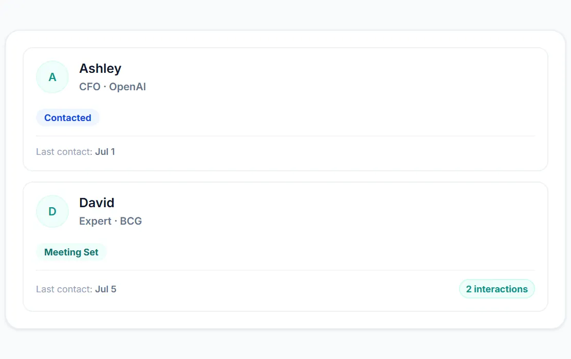 YourNextRoll networking tracker listing sample contacts with outreach status.