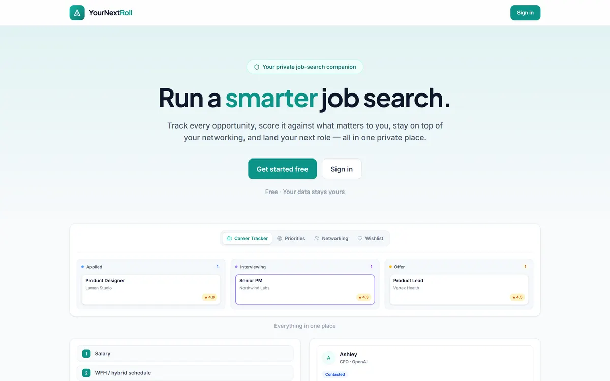 YourNextRoll pipeline board showing Applied, Interviewing and Offer columns with sample job applications.